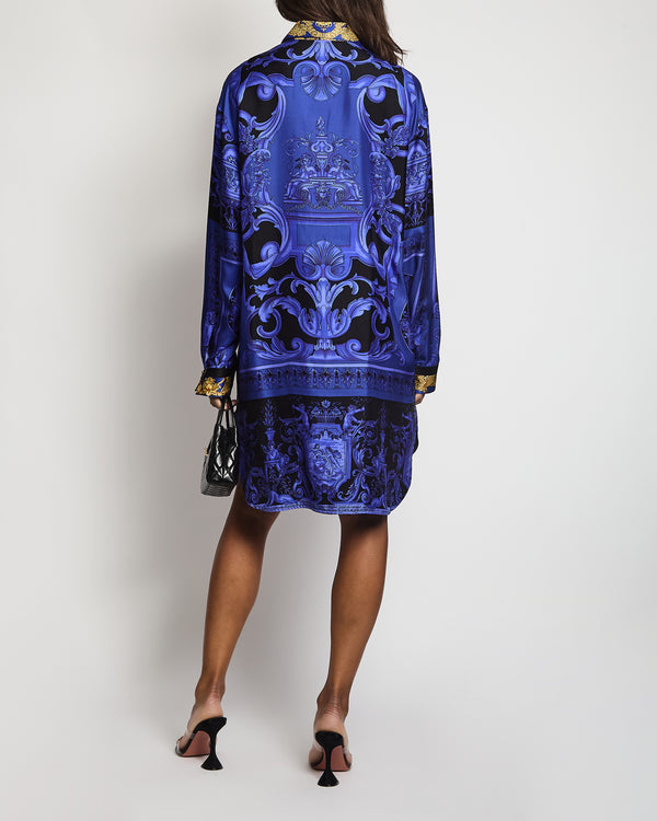 Versace Electric Blue and Gold Barocco Silk Shirt Dress with Gold Medusa Buttons Size IT 46 (UK 14)