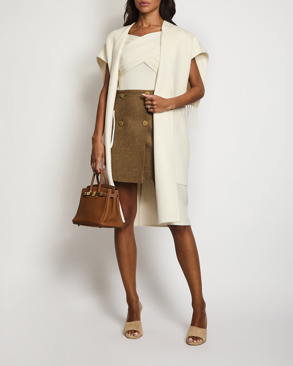 Hermès Cream Cashmere Long Sleeveless Cardigan Coat with Fringes Detail Size FR 36 (UK 8)