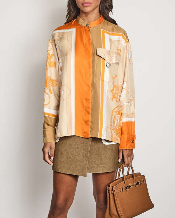 Hermès Beige, Orange and Brown Printed Long Sleeve Silk Shirt Size FR 40 (UK 12)