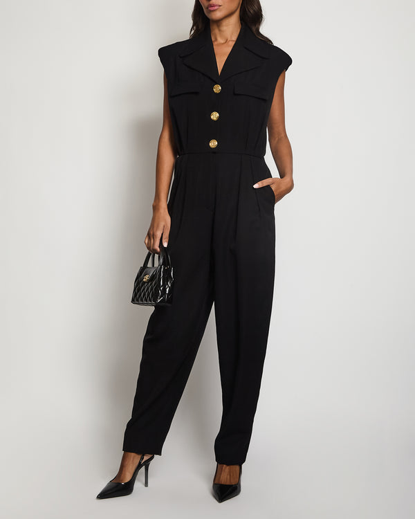 Balmain Black Wool Sleeveless Jumpsuit with Gold Logo Buttons Size FR 40 (UK 12)