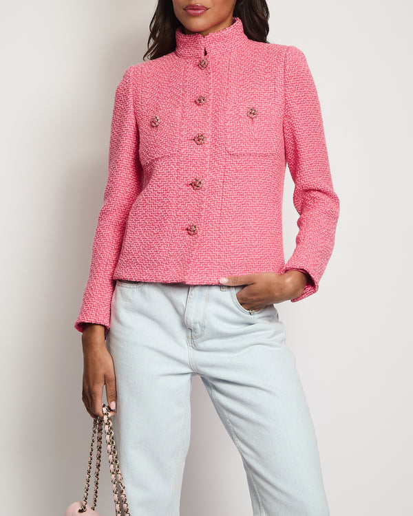 Chanel Fuchsia Pink Tweed Mid Collar Button Down Jacket FR 34 (UK 6)