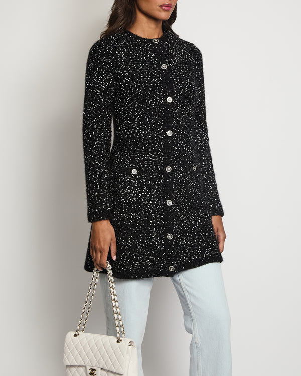 Chanel Black and White Tweed Long-Line Cardigan with Buttons and Pocket Details FR 34 (UK 6)