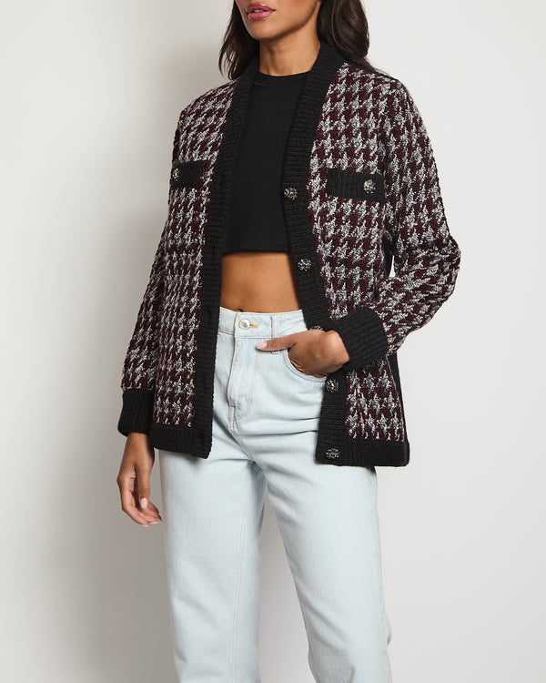 Chanel Burgundy, White and Grey Houndstooth tweed Button Down Cardigan FR 36 (UK 8)
