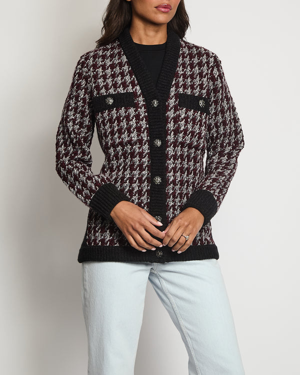 Chanel Burgundy, White and Grey Houndstooth tweed Button Down Cardigan FR 36 (UK 8)