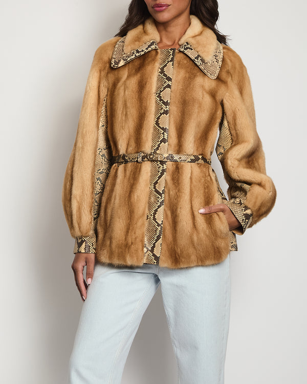 Fendi Beige Mink Fur and Python Leather Jacket with Belt Detail Size IT 38 (UK 6)