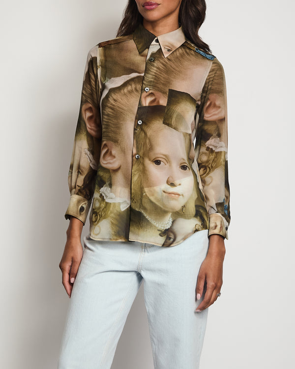 Comme des Garçons Green Portrait Print Semi-Sheer Button Down Shirt FR 34 (UK 6)
