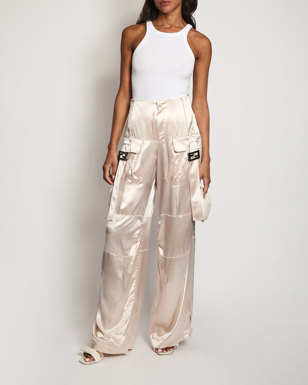 Fendi Light Pink Satin Cargo Trousers with FF Buckle Details Size IT 42 (UK 10) RRP £1,400