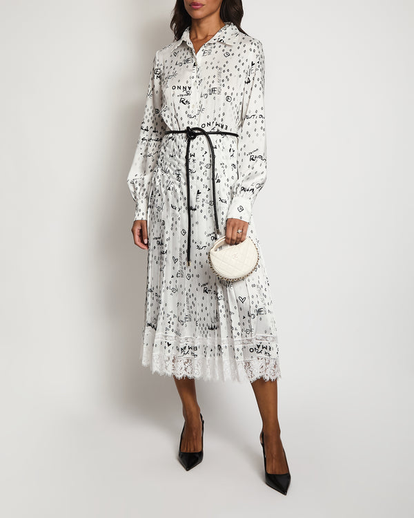 Ermanno Scervino White and Black Printed Silk Midi Dress with Belt and Lace Details Size IT 42 (UK 10)
