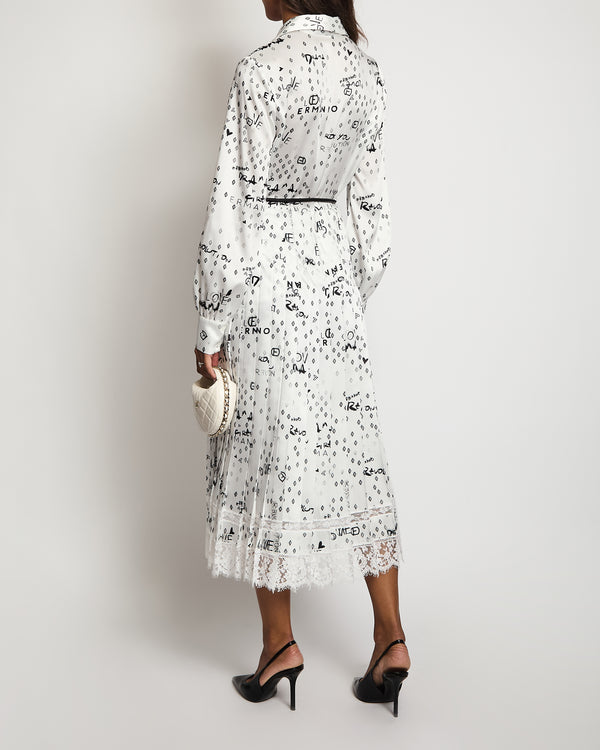 Ermanno Scervino White and Black Printed Silk Midi Dress with Belt and Lace Details Size IT 42 (UK 10)