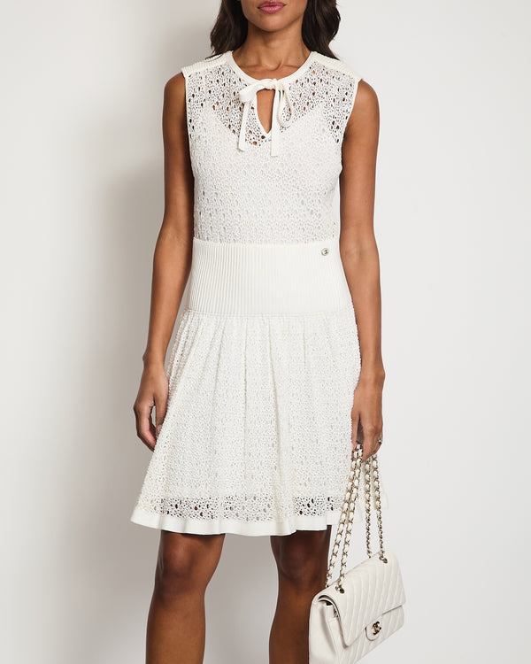 Chanel White Crochet Dress with Waistband and Neck Tie Size FR 38 (UK 10)