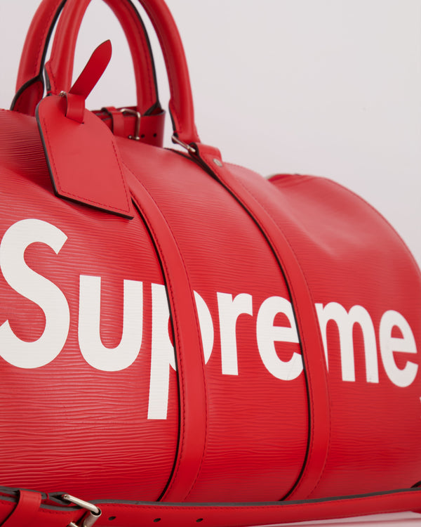 *RARE* Louis Vuitton x Supreme Red Epi Leather Keepall 45 Travel Bag with Silver Hardware