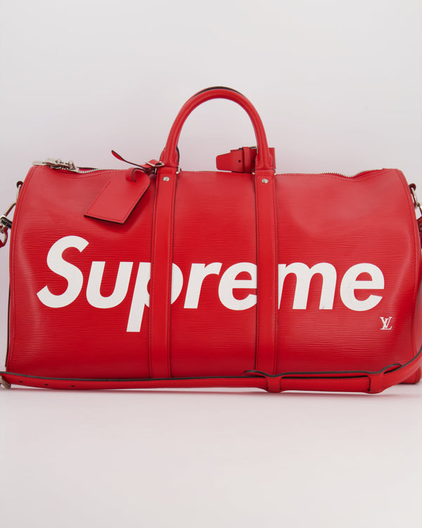 *RARE* Louis Vuitton x Supreme Red Epi Leather Keepall 45 Travel Bag with Silver Hardware