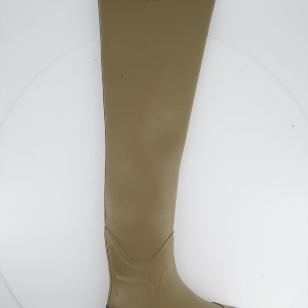Chanel Khaki Rubber Thigh High Rain Boots Size EU 38 – Sellier