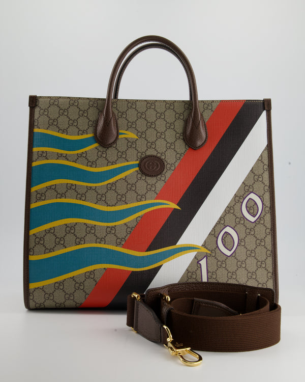 *Limited Edition* Gucci Brown Monogram Medium Tote Bag with Geometric Print and Gold Hardware
