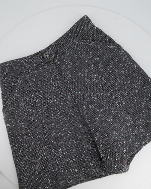 Chanel Black, White and Baby Blue Boucle Shorts with Silver CC Button Detail FR 38 (UK 10)