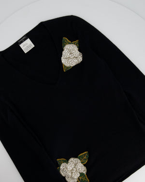 Chanel Black Cashmere V-Neck Jumper with Embellished Flowers FR 38 (UK 10)