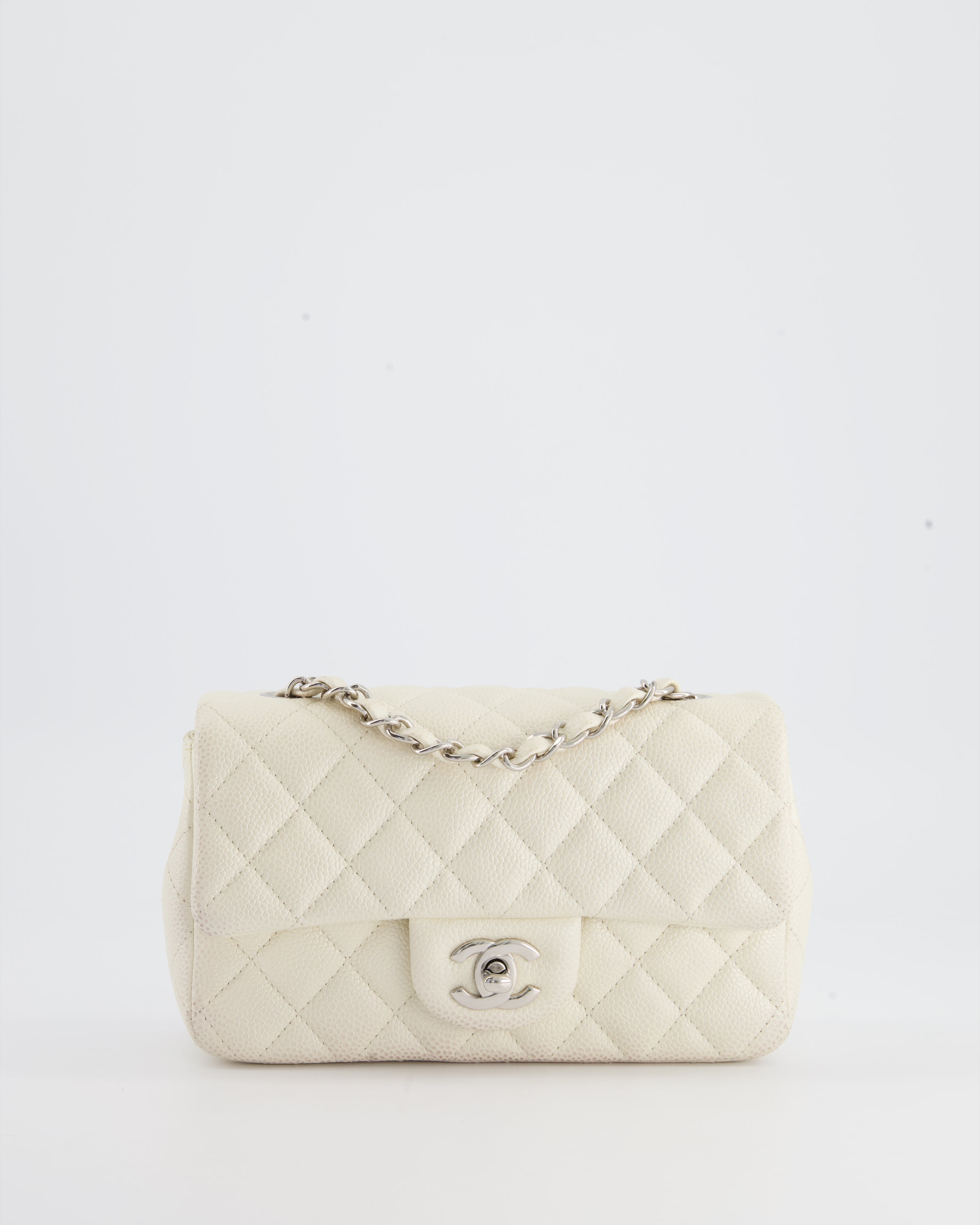 Chanel White Pearlescent Caviar Mini Rectangular Single Flap Bag