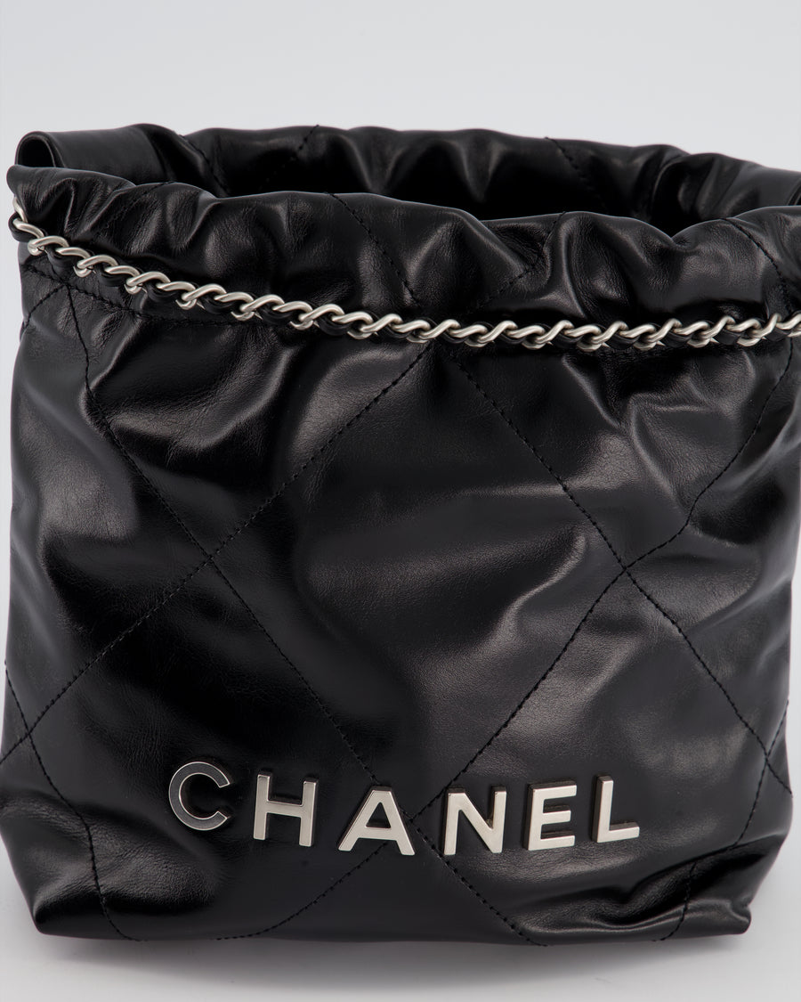 *HOT* Chanel Mini 22 Bag in Black Shiny Calfskin with Silver Hardware