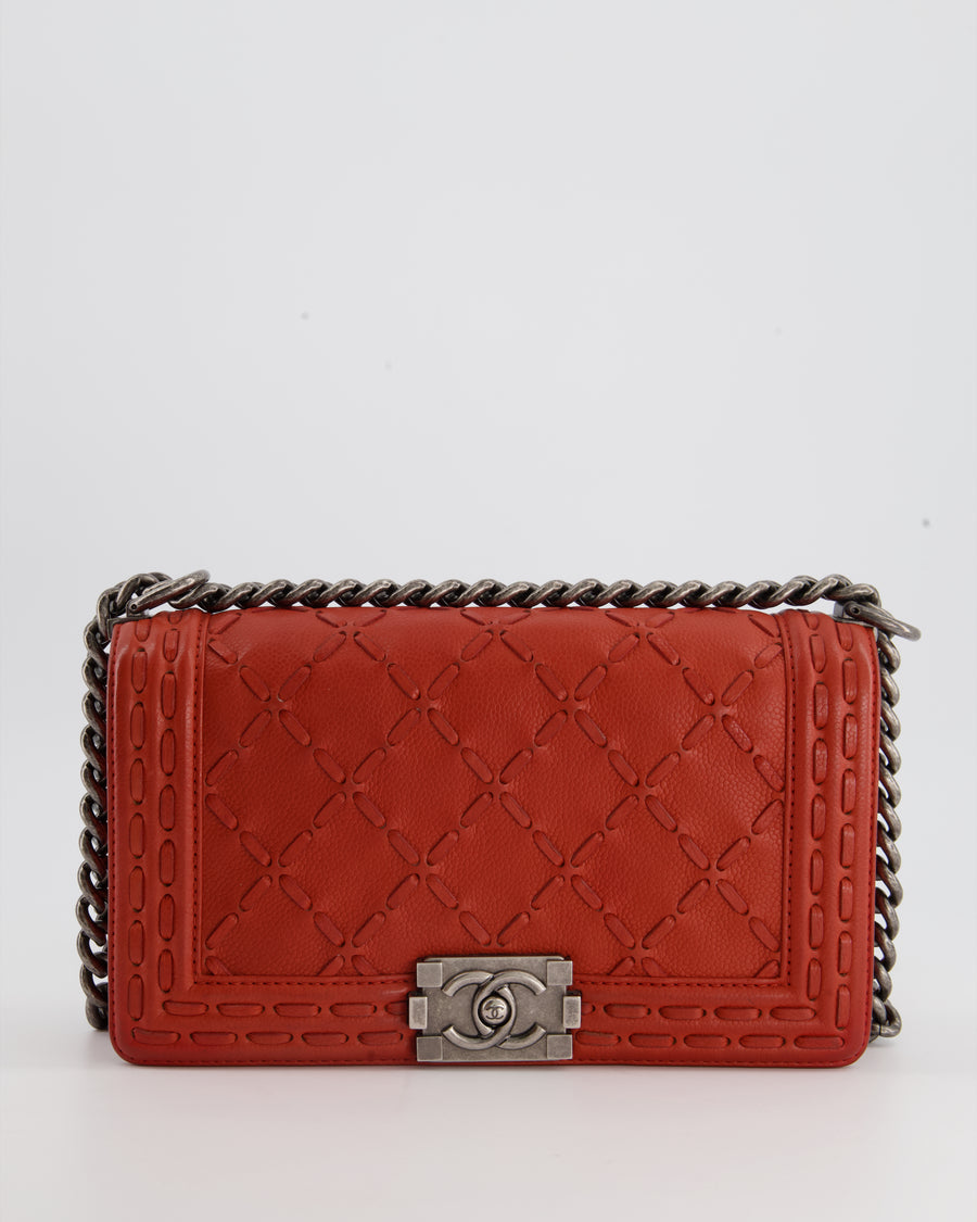 Chanel Burnt Orange Medium Boy Bag with Stitch Detail in Caviar Leather and Ruthenium Hardware