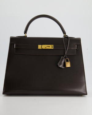 Hermès Vintage Kelly Bag 32cm Sellier in Chocolate Brown Box Calf Leather with Gold Hardware