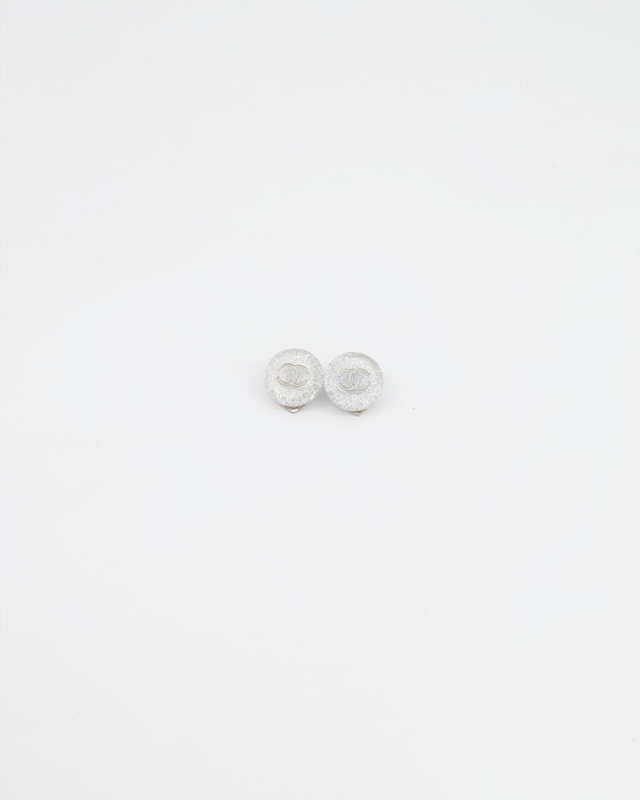 Chanel Silver Glitter CC Round Clip-On Earrings