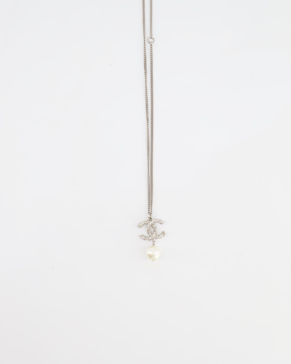 Chanel Crystal Embellished Silver CC Logo Necklace with Pearl Detailing