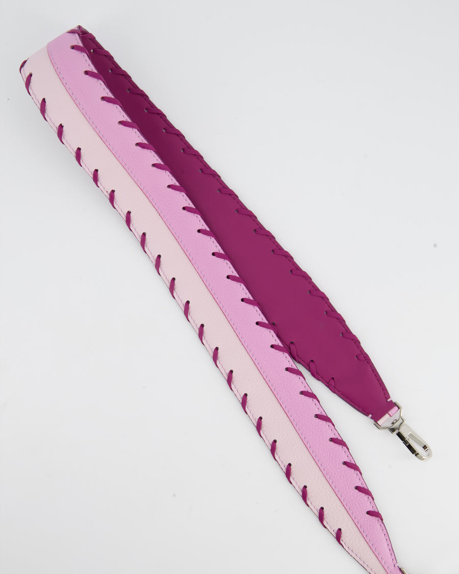 Loro Piana Pink and Purple Bag Strap in Grained Leather with Silver Hardware and Woven Detail
