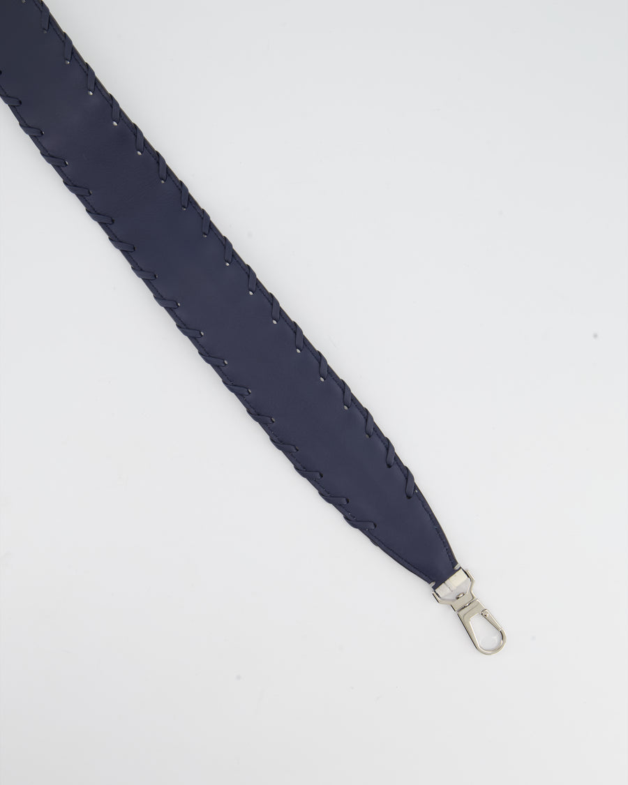 Loro Piana Navy and White Bagstrap in Calfskin with Woven Detail and Silver Hardware