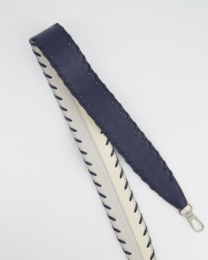 Loro Piana Navy and White Bagstrap in Calfskin with Woven Detail and Silver Hardware