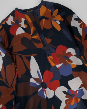 Loro Piana Floral Orange and Navy Long Sleeve Silk Shirt Size IT 40 (UK 8)