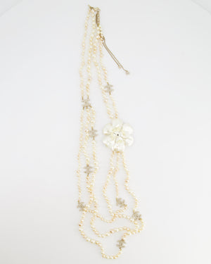 *HOT* Chanel White Pearls with Gold CC Logo Details and Camelia Flower Necklace