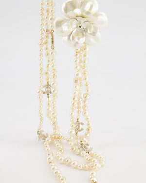 *HOT* Chanel White Pearls with Gold CC Logo Details and Camelia Flower Necklace