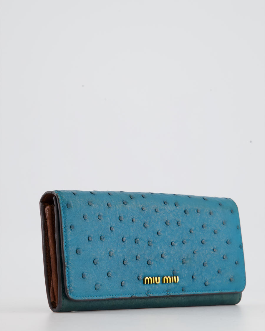 Miu Miu Teal Ostrich Long-Line Wallet with Gold Hardware