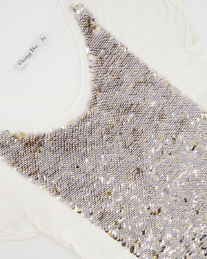 Christian Dior White T-Shirt with Gold Sequin Embellishments Size IT 40 (UK 8)