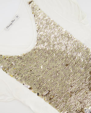 Christian Dior White T-Shirt with Gold Sequin Embellishments Size IT 40 (UK 8)