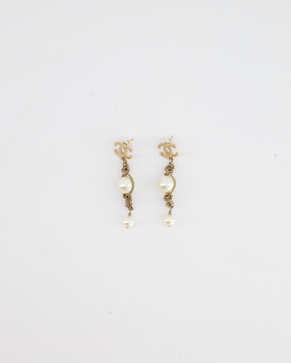 Chanel Brushed Gold Rope with Pearl CC Logo Long Earring