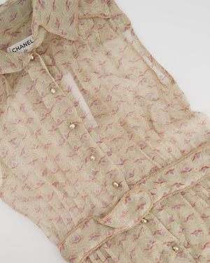 Chanel Beige Printed Sheer Shirt Dress with Pearl CC Buttons Size FR 38 ( UK 10)