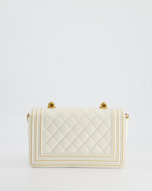Chanel White and Gold Small Top Handle Boy Bag in Lambskin Leather with Brushed Gold Hardware