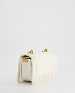 Chanel White and Gold Small Top Handle Boy Bag in Lambskin Leather