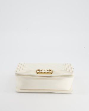 Chanel White and Gold Small Top Handle Boy Bag in Lambskin Leather with Brushed Gold Hardware