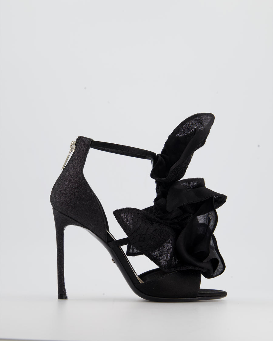 Christian Dior Black Satin and Lace Appliqué Evening Ankle Strap Heels Size 37