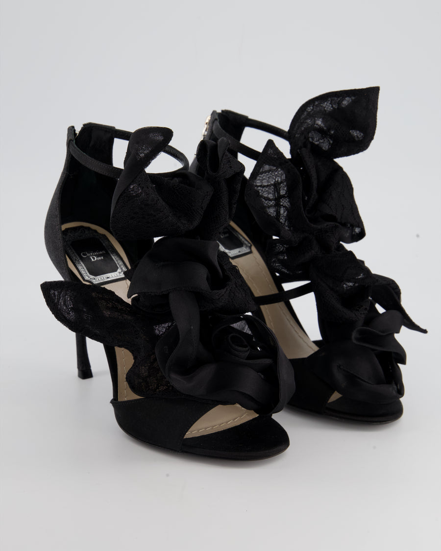 Christian Dior Black Satin and Lace Appliqué Evening Ankle Strap Heels Size 37
