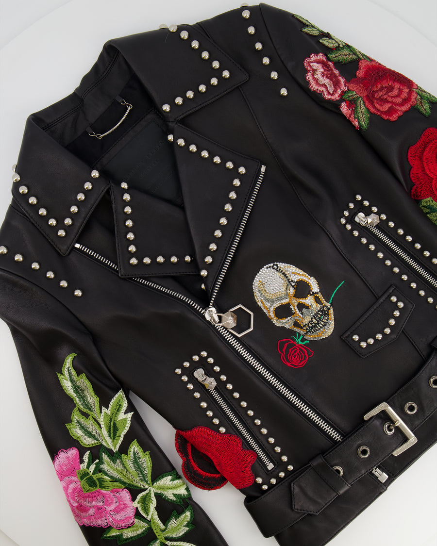 Philipp Plein Black Lambskin Leather Biker Jacket with Embroidery Size XS (UK 6) RRP £4,050