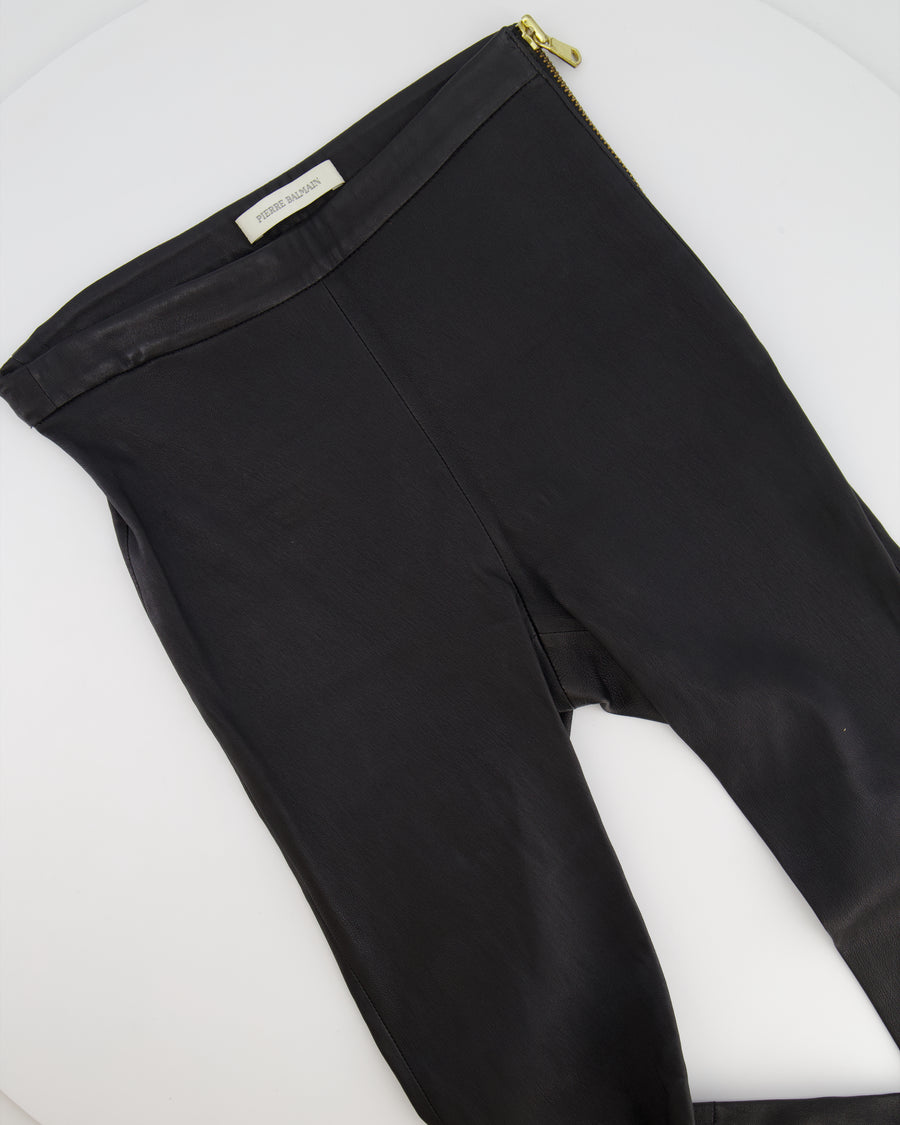 Balmain Black Lambskin Leather Skinny Pants with Gold Logo Details Size FR 34 (UK 6)
