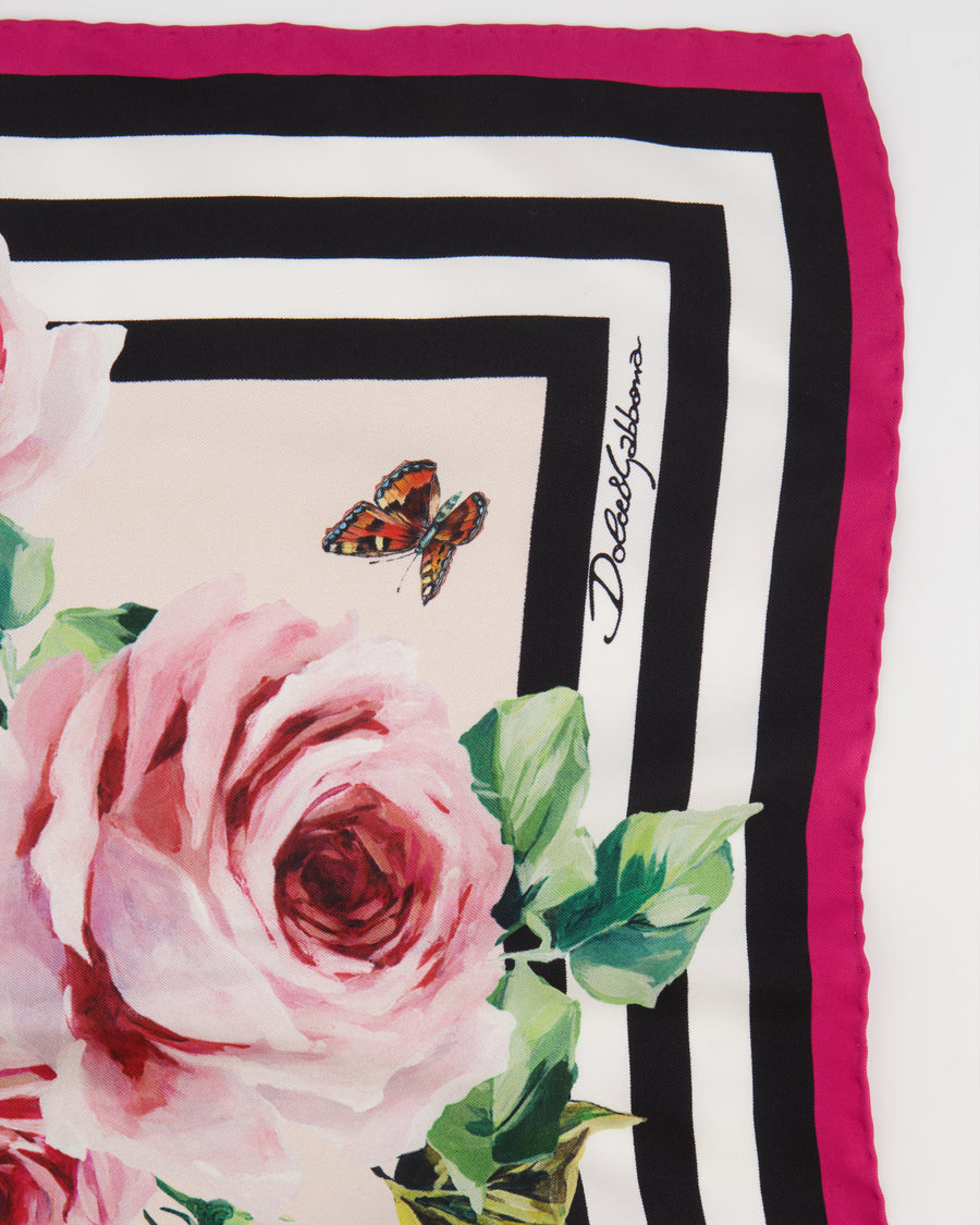 Dolce & Gabbana Pink, Black and White Rose Printed Silk Scarf 90cm x 90cm