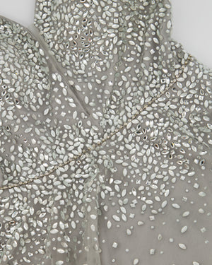 Jovani Dove Grey Embellished V-Neck Tulle Gown Long Dress Size US 6 (UK 10)