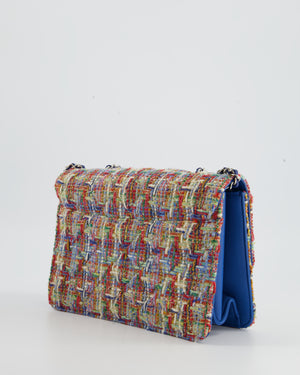 Chanel Multi-Colour Tweed Flap Bag with Electric Blue Lambskin Detail and Silver Hardware