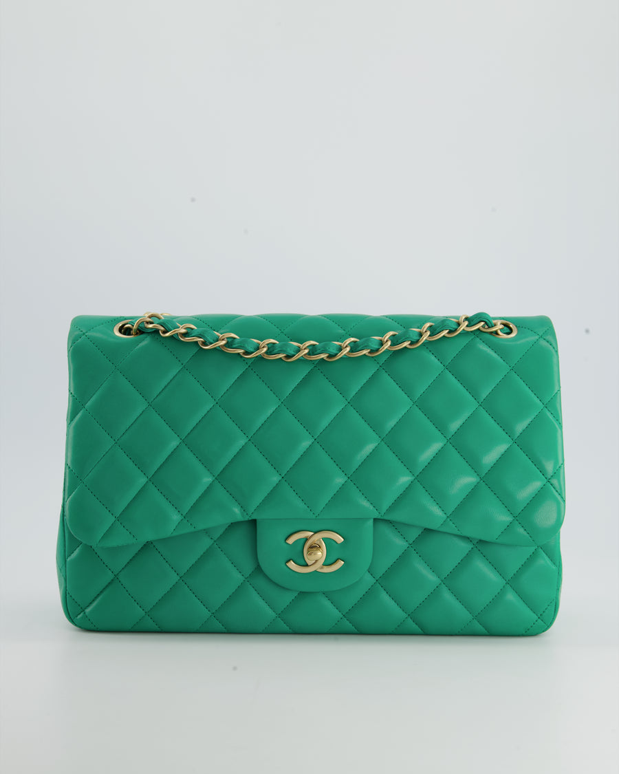 *HOT* Chanel Emerald Green Jumbo Classic Double Flap Bag in Lambskin Leather with Brushed Gold Hardware RRP £9,240