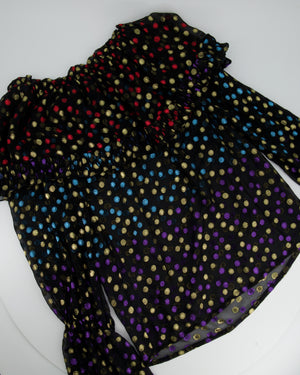 Saint Laurent Black Sheer Multi-Coloured Metallic Polka Dot Off-Shoulder Blouse Size FR 34 (UK 6)