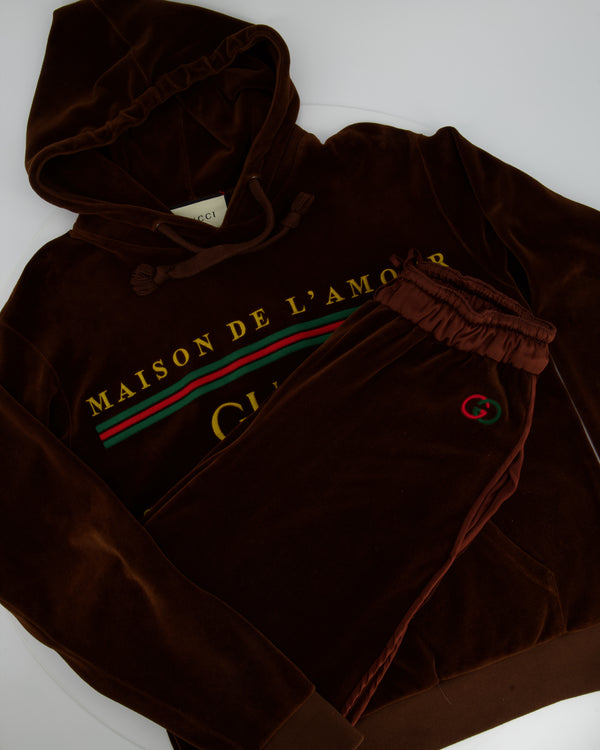 Gucci Brown Velour Hoodie and Tracksuit Bottom Set with Logo Detail Size XS (UK 6)